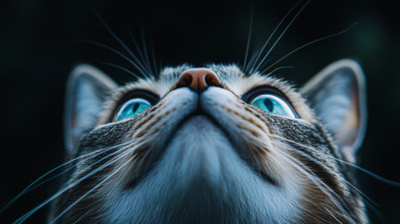 Captivating feline portrait with intense gaze and striking blue eyes highlighting fine details.の素材