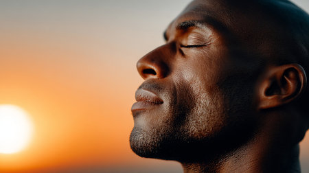 Peaceful African American Man Meditating at Sunrise, Embracing Serenity and Inner Harmony in Natureの素材