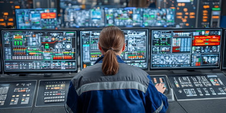 Female programmer oversees monitors showcasing innovative industrial technology and solutions.の素材