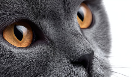 Close-Up View of Adorable Scottish Fold Cat with Expressive Amber Eyes in Gray Studio Settingの素材