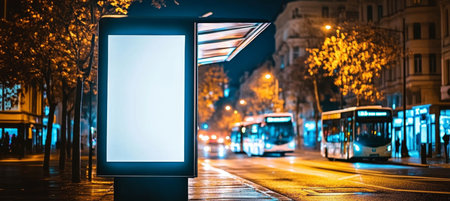 Illuminated Blank Billboard for Advertisement on Urban Bus Stop at Night, Copy Space for Marketingの素材