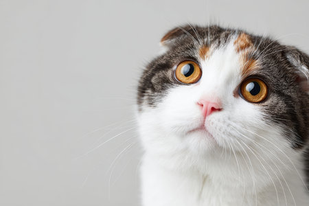 Charming Scottish Fold Cat with Folded Ears, Amber Eyes, and White Markings on a Soft Backgroundの素材