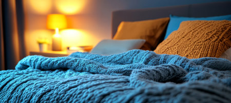 Cozy Bedroom Retreat with Knitted Textures, Blanket Bedding, and Inviting Atmosphere for Relaxationの素材