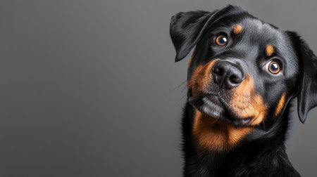 Adorable Rottweiler Puppy Portrait with Expressive Eyes and Charming Demeanor Against Gray Backdropの素材