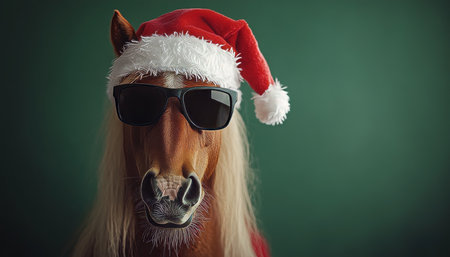 A Fun and Festive Horse Wearing a Santa Hat and Sunglasses on a Bright Green Backgroundの素材
