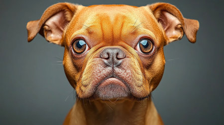 Close-Up Portrait of a Playful Boston Terrier with Expressive Eyes on a Gray Backgroundの素材