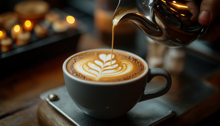 Beautifully Crafted Latte Art with Heart Design, Showcasing a Perfect Blend of Coffee and Creativityの素材