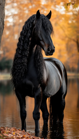 Majestic Friesian Horse by Serene Lakeside During Autumn Evening in Beautiful Golden Hour Lightの素材
