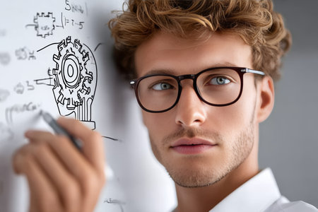 An Executive Designing Gear Concepts on a Whiteboard During a Modern Office Brainstorming Sessionの素材