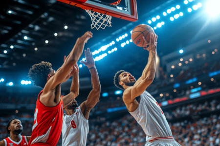 Dynamic Basketball Player in Action During Intense Championship Game with Electrifying Atmosphereの素材