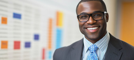Confident Millennial Businessman in Modern Office, Smiling with Glasses and Professional Attireの素材