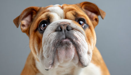 Charming Bulldog Portrait with Expressive Eyes Captured in Natural Light Against Gray Backdropの素材