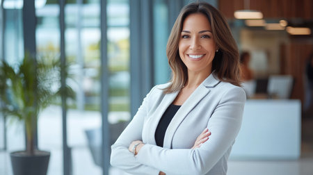 Confident Latina Businesswoman in Her 40s Crosses Arms, Exuding Leadership in Modern Office Settingの素材