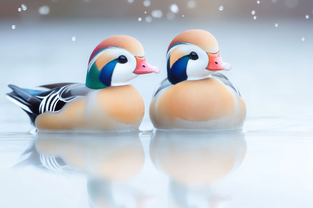 Captivating Mandarin Ducks Swimming in Harmony, Reflecting Nature s Beauty in a Serene Pondの素材