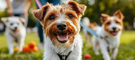 Joyful Dogs Playing in a Sunny Park, Capturing Happy Moments and Nature s Beauty in Springtimeの素材