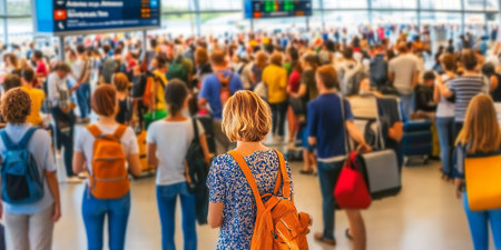 Busy Airport Terminal with Passengers and Luggage, Capturing the Excitement of Travelの素材
