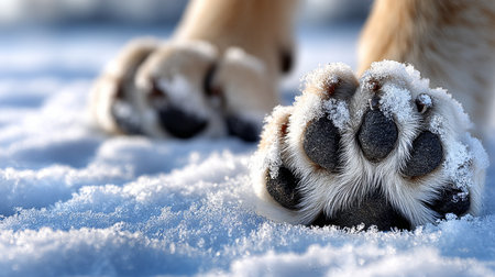 Close-Up of a Dog s Paw with Cold Snowflakes and Frost on Fur in a Beautiful Winter Landscapeの素材