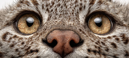 Stunning Close-Up of a Beautiful Spotted Cat with Striking Green Eyes on a Soft Light Backgroundの素材