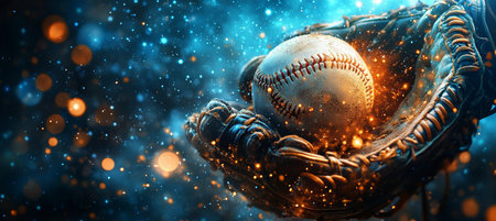 Baseball in a glowing glove with bokeh lights, dynamic sports scene and equipment background.の素材