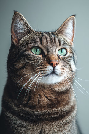 Charming Close-Up of a Striped Tabby Cat with Stunning Green Eyes Against a Soft Gray Backgroundの素材