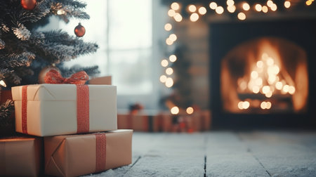 Cozy Silent Night with Scandinavian Winter Decor and Christmas Presents by a Warm Fireplaceの素材