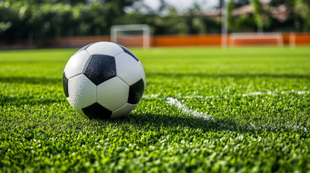 Soccer ball on a vibrant green grass field during a sunny day, perfect for outdoor sports activitiesの素材