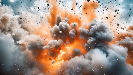 Dramatic Scene of a Massive Explosion Creating a Vivid Orange and Gray Smoke Cloud with Debrisの素材