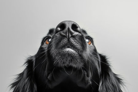 Majestic Black Newfoundland Dog Staring with Love and Affection in a Close-Up Portrait Capture.の素材