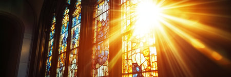 Vibrant Stained Glass Church Window Illuminated by Radiant Sunlight, Creating a Heavenly Atmosphereの素材