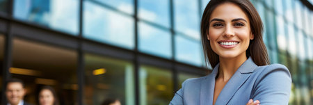 Confident Hispanic Business Leader Smiles Brightly, Showcasing Strength and Professional Achievementの素材