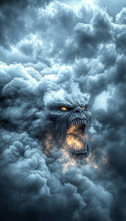 A Terrifying Storm Beast Emerges from the Cloudscape, Unleashing Primal Fury and Dark Powerの素材