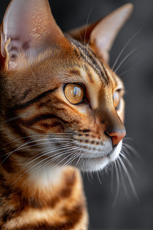 Stunning Close-Up Portrait of a Bengal Cat with Captivating Eyes Against a Soft Gray Backgroundの素材