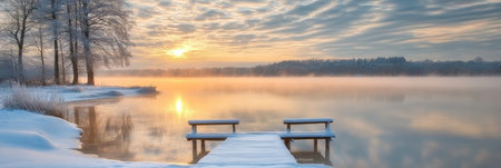 Breathtaking winter sunrise scenery with frosted trees beside frozen waters and golden sunbeamsの素材