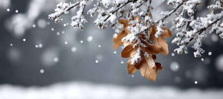 Frosty Winter Landscape with Snow, Brown Oak Leaves, and Soft Light Creating a Serene Nature Sceneの素材