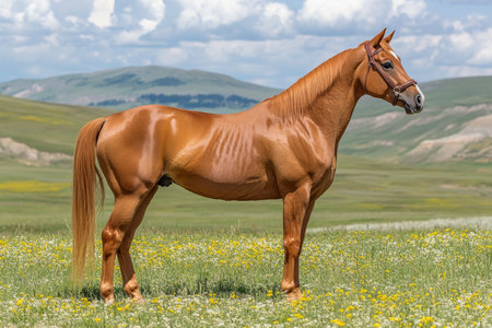 Majestic Arabian Horse Galloping Gracefully Through Lush Meadows Under a Bright Blue Skyの素材
