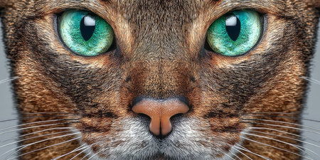 Abyssinian Cat Portrait Captivating Brown Fur and Emerald Eyes on a Soft Gray Backgroundの素材