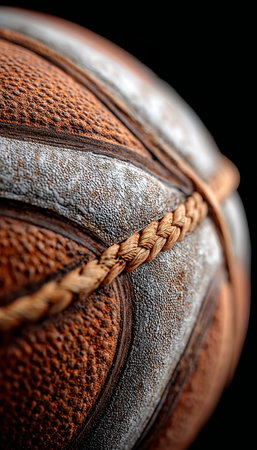 Extreme Close Up of a Weathered Basketball Featuring Textured Surface and Braided Lace Detailingの素材
