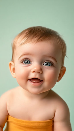 Adorable close-up portrait of a joyful baby showcasing pure happiness against a soft teal backdropの素材