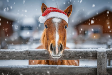 Adorable holiday horse wearing a Santa hat in a snowy landscape, spreading festive cheer and joy.の素材