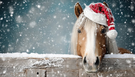 Chestnut Pony Wearing a Red Santa Hat Peeking Over a Wooden Fence in a Snowy Winter Wonderlandの素材