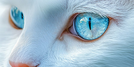 Charming Close-Up of a Beautiful White Persian Cat with Blue Eyes and Cute Nose in Studio Settingの素材