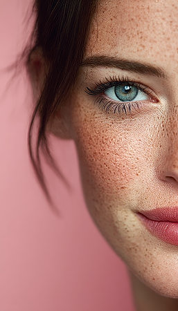 Close-up Portrait Showcasing Natural Beauty with Clear Skin, Freckles, and a Soft Pastel Backgroundの素材