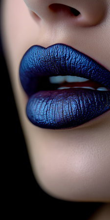 Macro feminine visage with blue lips and delicate nose, highlighting soft and alluring details.の素材