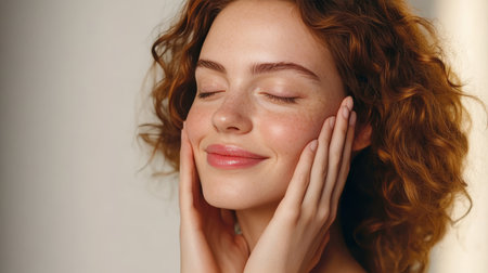 Attractive redhead girl with flawless skin enjoying natural wellness and beauty in studio setting.の素材