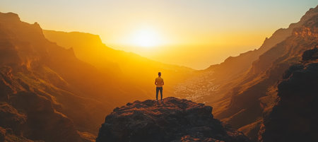 Breathtaking canyon landscape with a digital nomad enjoying scenic views and freedom while hikingの素材