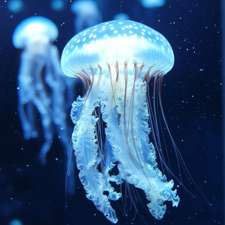 Graceful blue spotted jellyfish glows in the deep ocean, showcasing the beauty of marine life.の素材