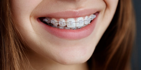Teenage Girl with Radiant Smile and Clear Braces, Showcasing Sparkling White Teeth and Confidenceの素材