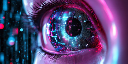 Futuristic Cybernetic Eye Concept Representing Digital Integration and Advanced Tech Innovationsの素材