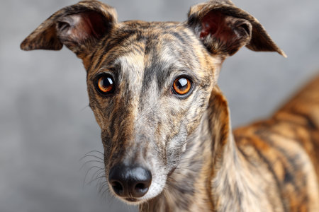 Striking Greyhound Portrait with Intense Gaze and Brindle Coat on a Soft Gray Backgroundの素材