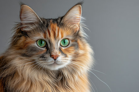 Norwegian Forest Cat Portrait with Expressive Green Eyes on Clean Gray Background, Elegant Felineの素材